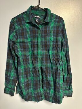 Lands' End Green Black and Blue Plaid Button-Down flannel Shirt 12T